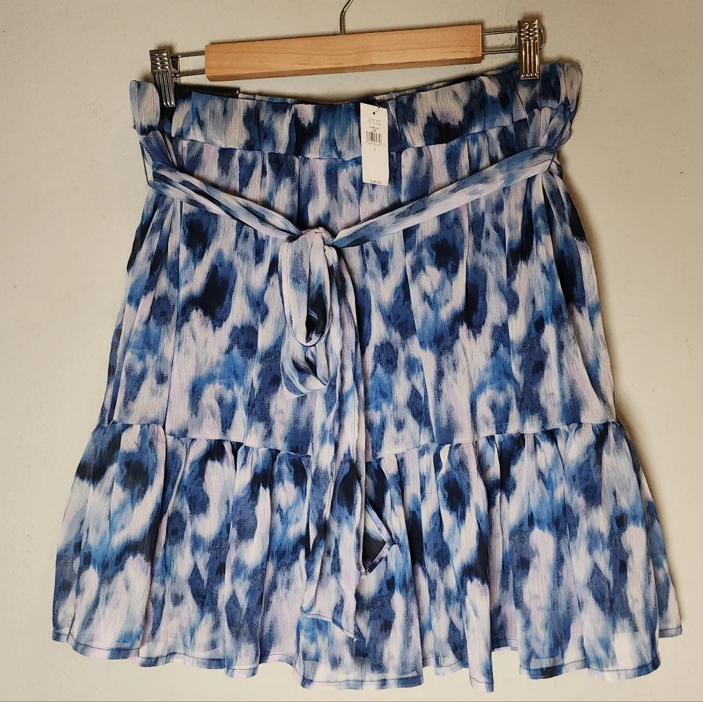 NWT Banana Republic Pull On Chiffon Tiered Blue Purple Tie Waist Mini Skirt Sz L
